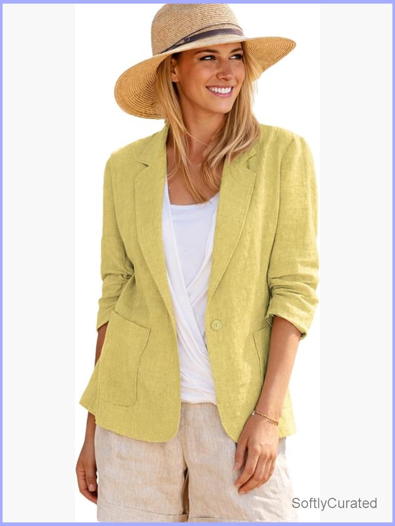 Women's Linen Blazer Jacket - Lightweight 3/4 Ruched Sleeve Work Blazer